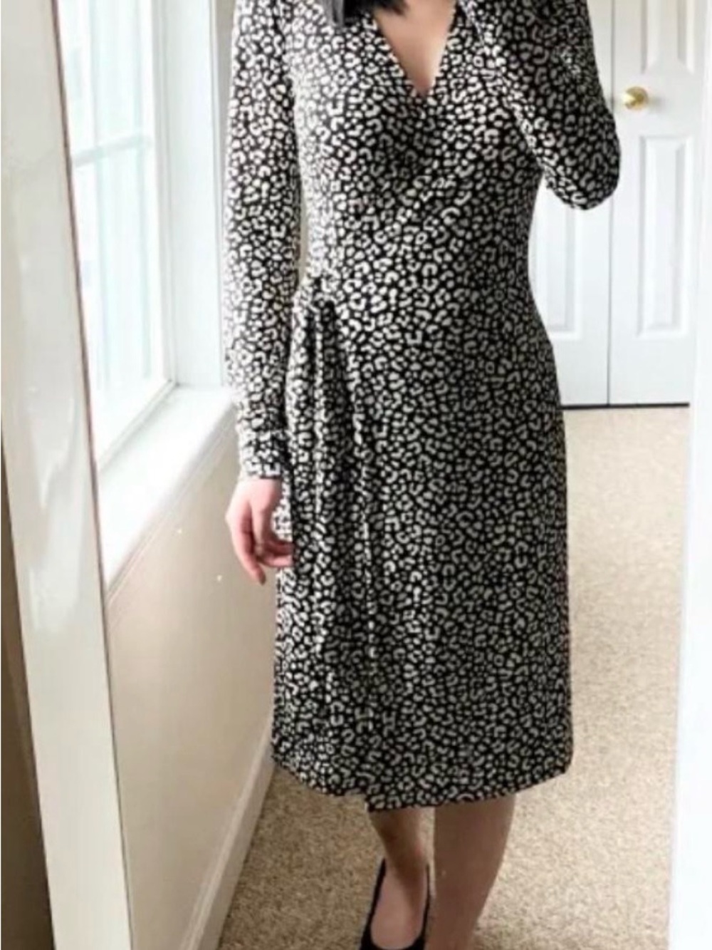 Ann Taylor Black and White Printed Wrap-Style Long Sleeve Dress
